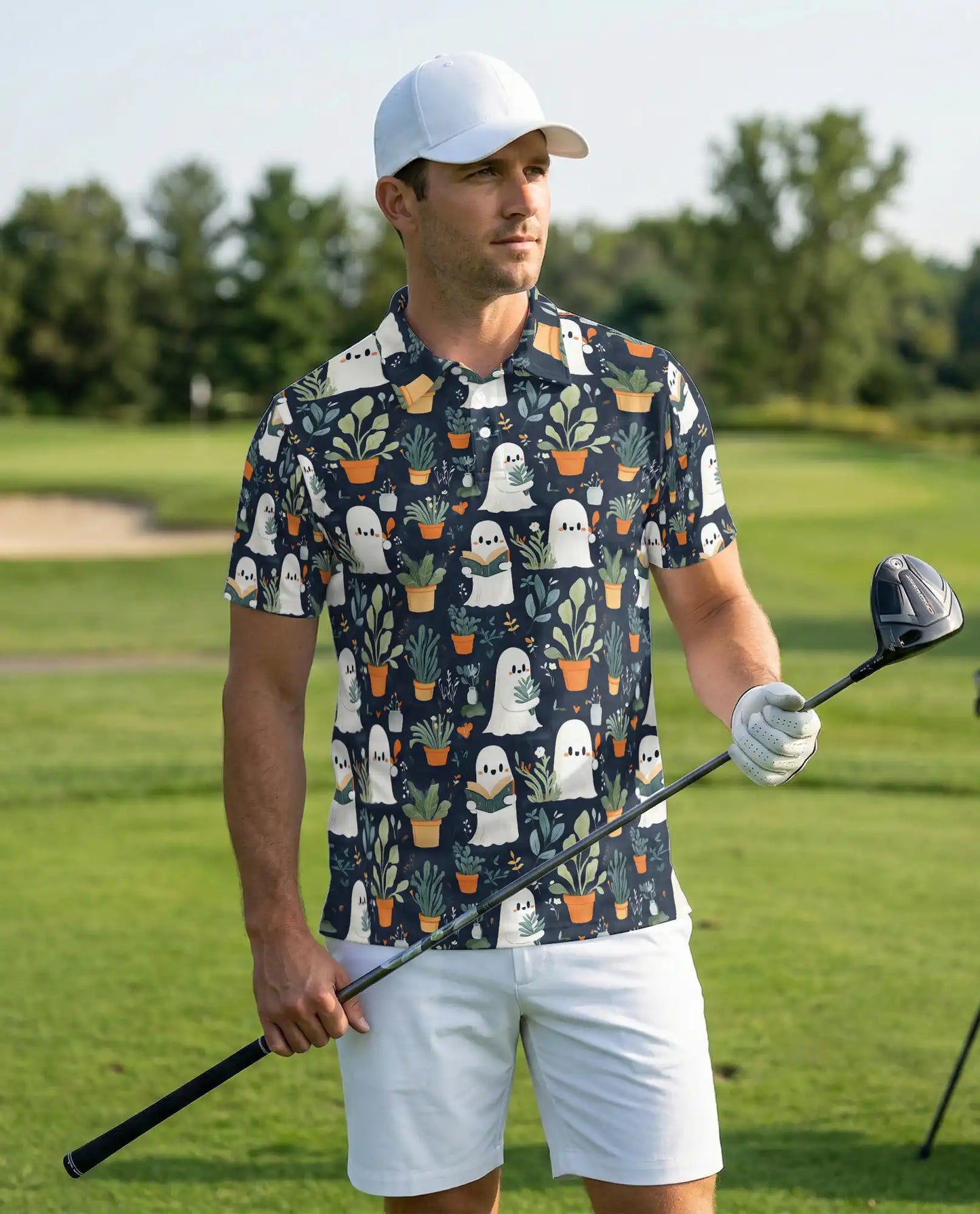 Cute Ghost Plant 3D Polo Shirt for Men – Funny Spooky Botanical Style | Netecom