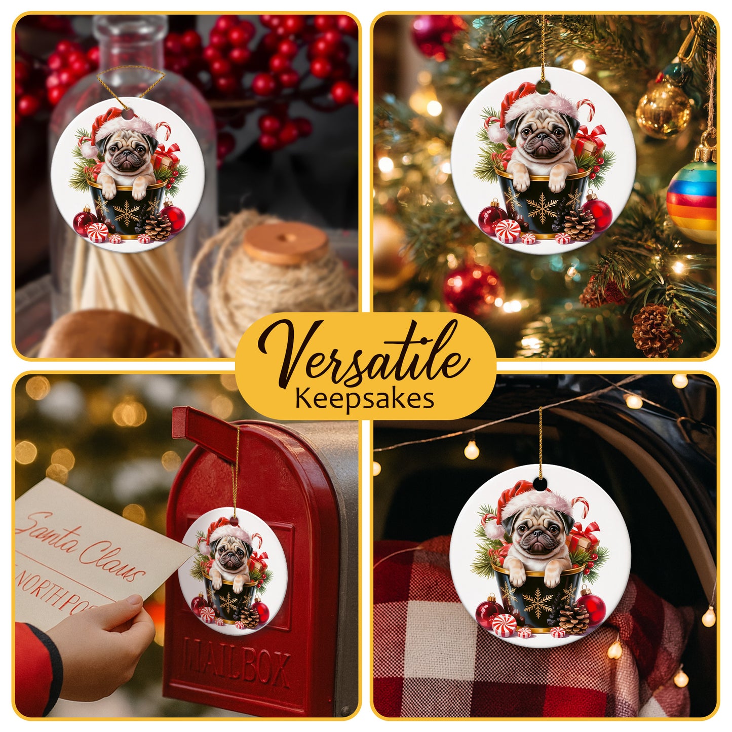 Netecom Cute Pug in Bucket Ornament, Dog with Santa Hat Ceramic Ornament for Christmas Tree Hanging Decorations Gift, Puppy Lover Gifts, Home Decor, Holiday Party Present