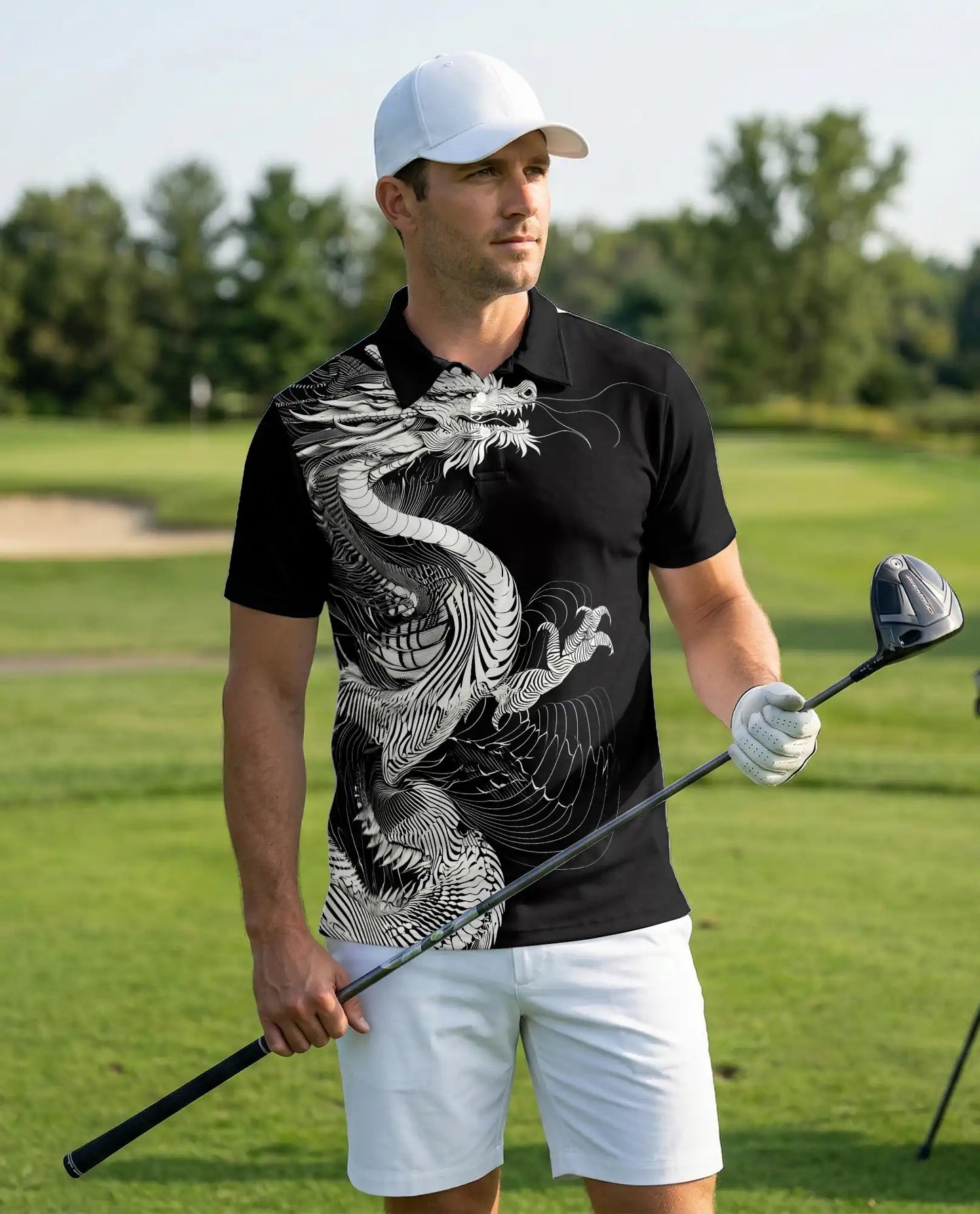 Black White Dragon 3D Polo Shirt for Men – Asian Fantasy Art Style | Netecom