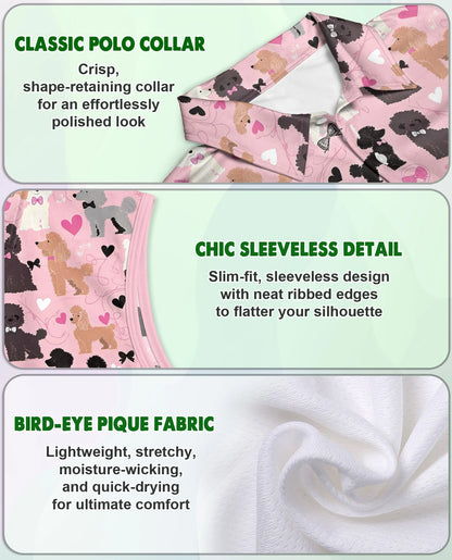 Pink Poodle Print Sleeveless Polo Shirt for Women – Cute Dog Lover Style | Netecom