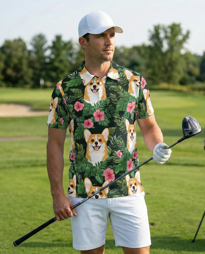 Corgi Tropical 3D Polo Shirt for Men – Cute Dog Floral Style | Netecom