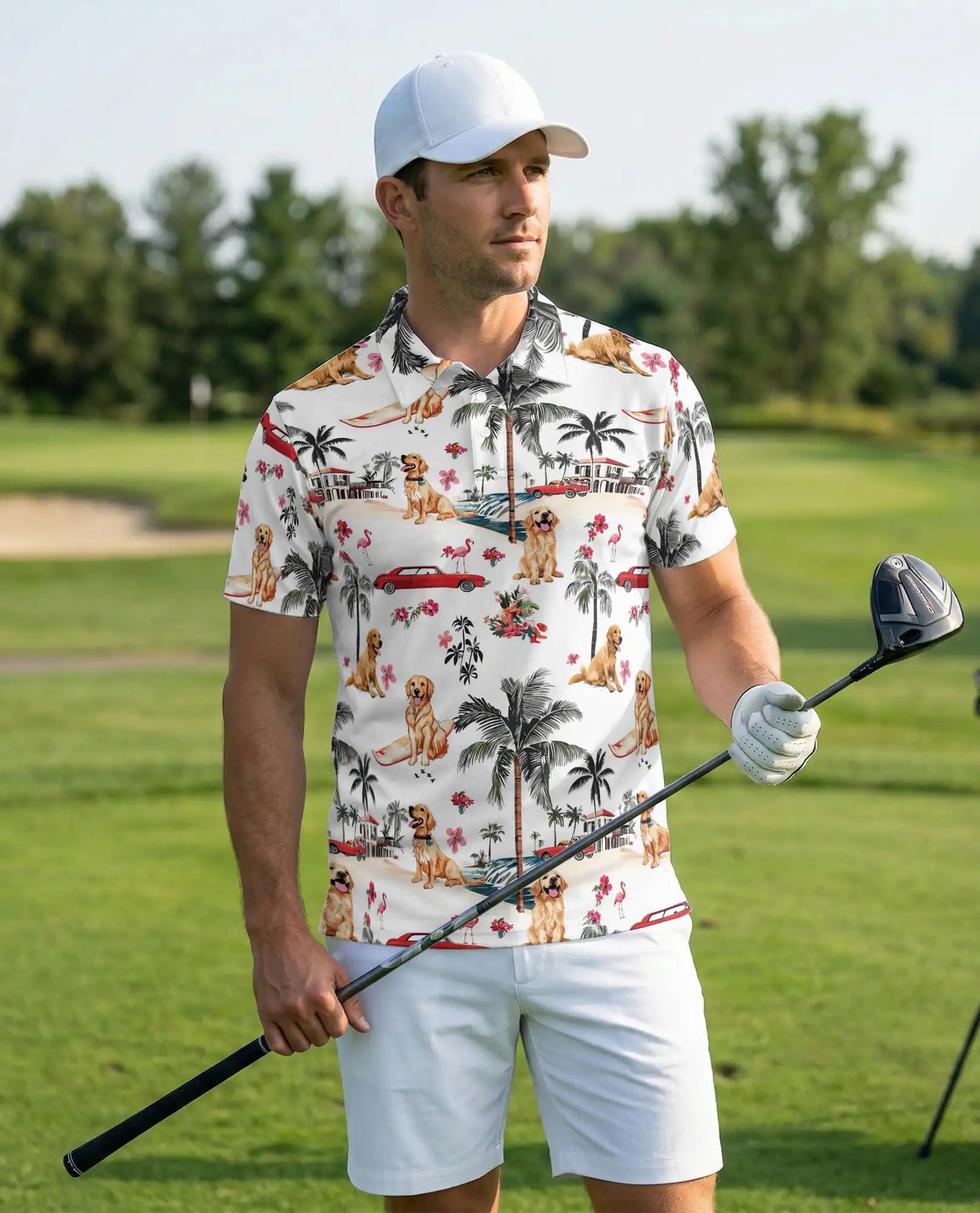 Golden Retriever Tropical 3D Polo Shirt for Men – Beach Vacation Island Style | Netecom