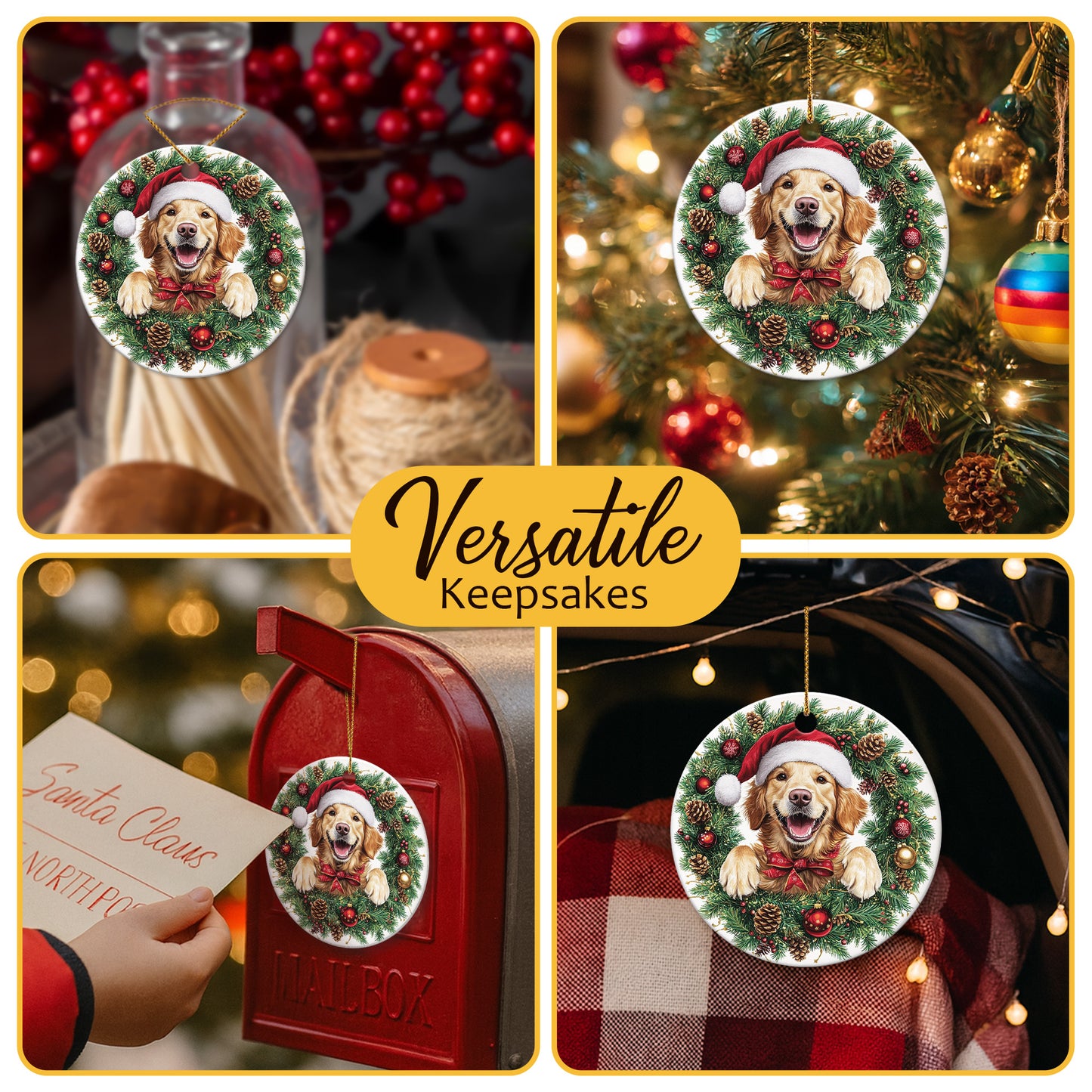 Netecom Funny Golden Retriever in Santa Hat Christmas Ornament, Puppy Ceramic Ornament for Xmas Tree Hanging Decorations Gift, Dog Lover Gifts, Holiday Party Present