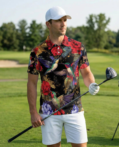 Hummingbird Floral Polo Shirt – Elegant Rose Print | Netecom