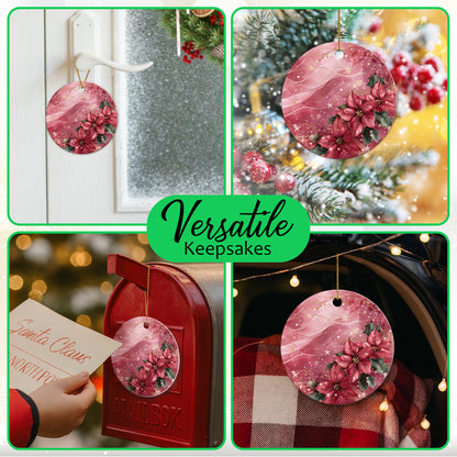 Netecom Elegant Pink Poinsettia Christmas Ornament, Ceramic Flowers Keepsake Ornament for Xmas Tree Decorations, Gifts for Holiday, Party, Home Decor