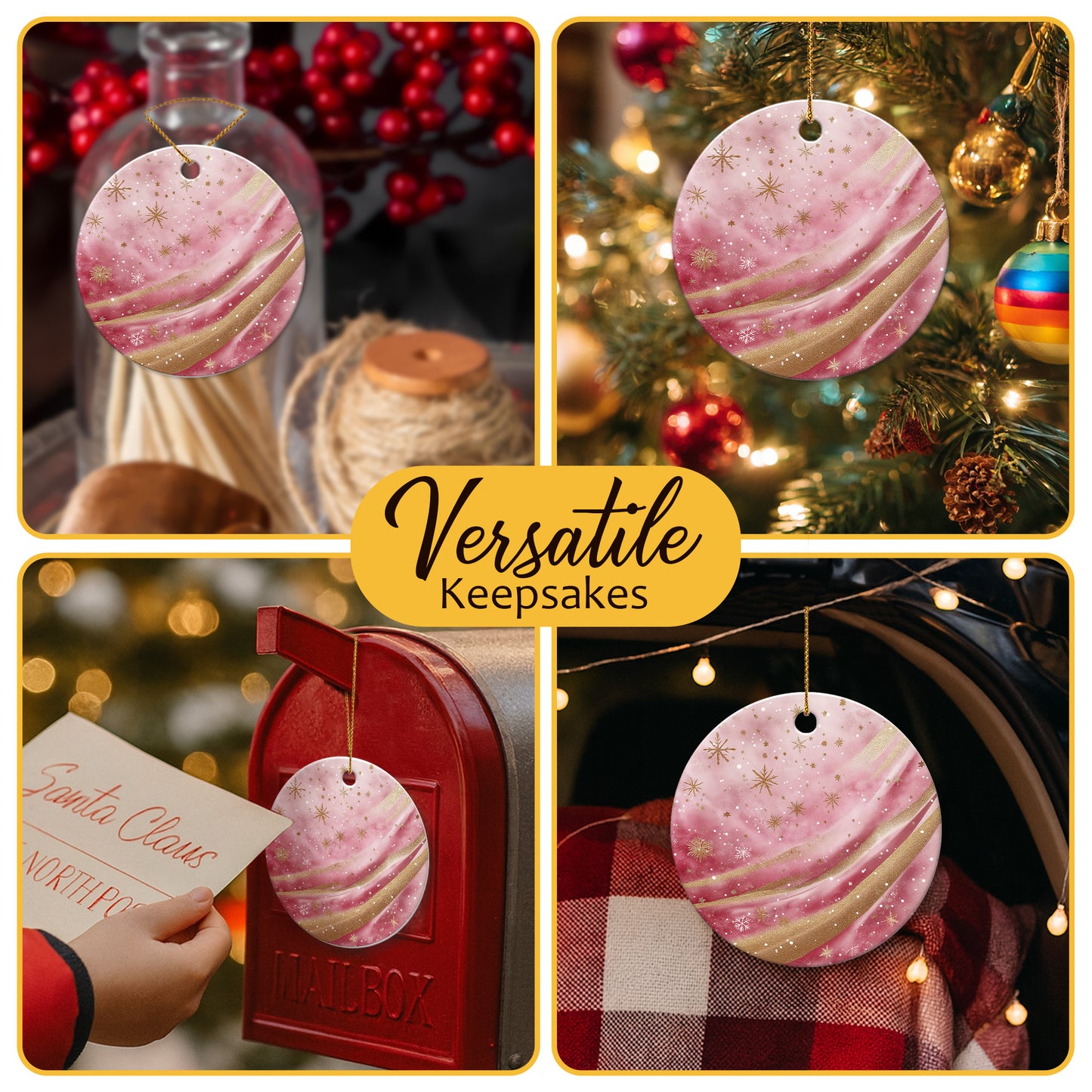 Netecom Marble Texture Pattern Pink Ornament, Ceramic Gold Glitter Snowflakes Keepsake Ornament for Xmas Tree Decorations, Gifts for Holiday, Party, Home Decor