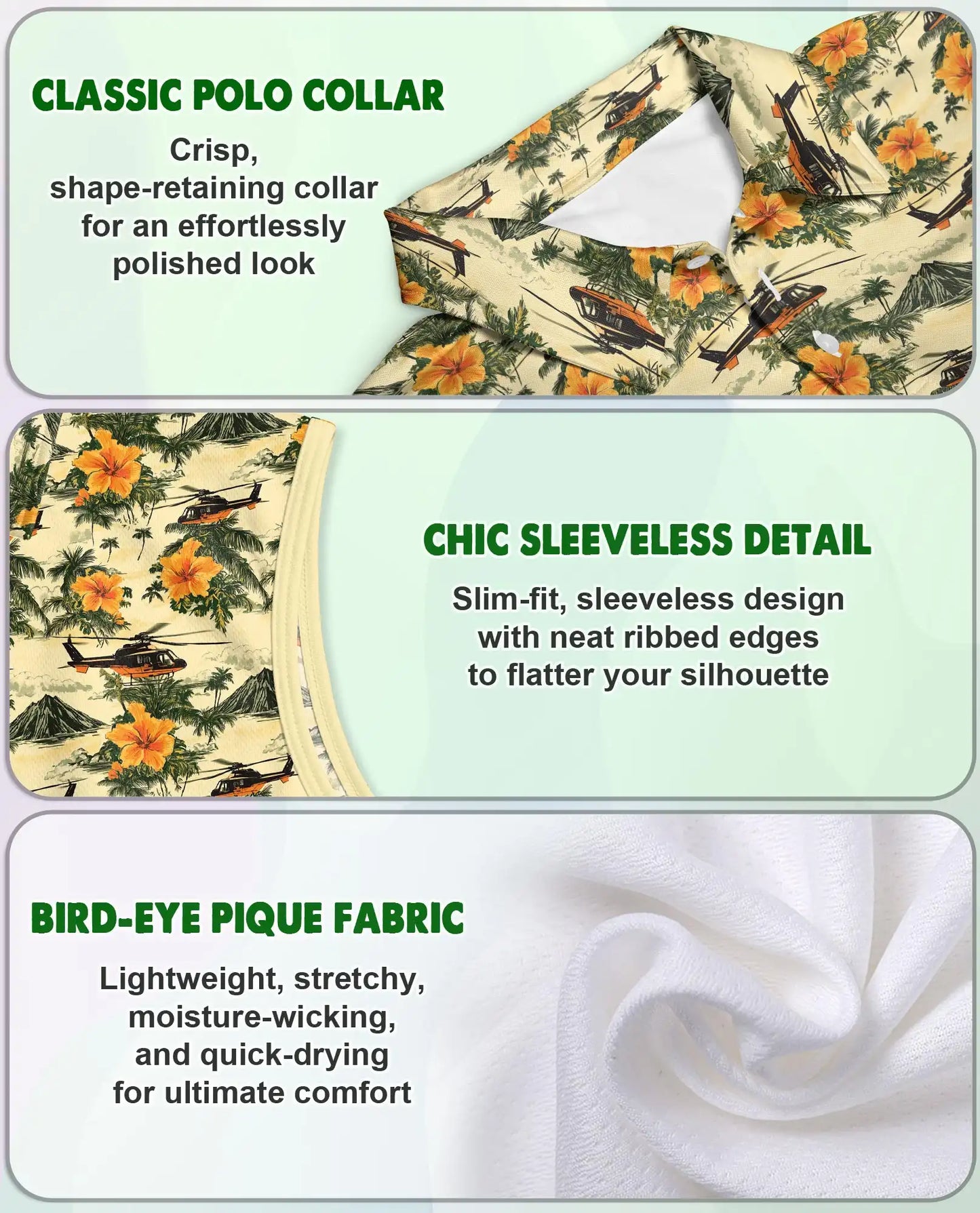 Helicopter And Hibiscus Sleeveless Polo Shirt for Women – Aviation Tropical Style | Netecom