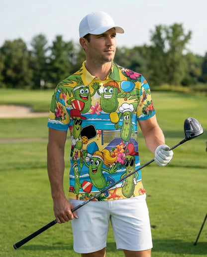 Funny Pickle Beach Pickleball Polo Shirt for Men-Cartoon Pickle Tropical | Netecom