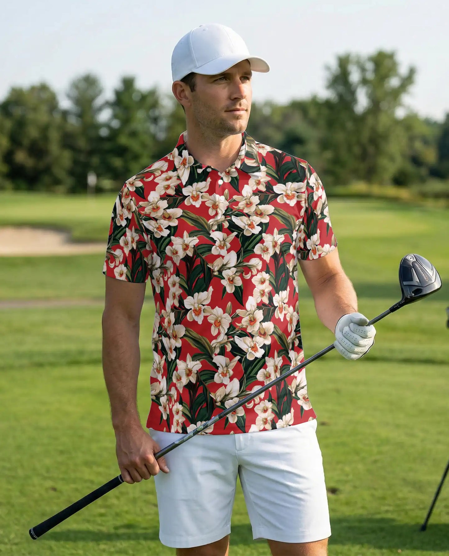 Red Floral Polo Shirt – Tropical Orchid Print | Netecom