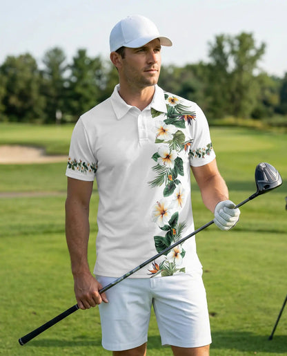White Tropical Hibiscus 3D Polo Shirt for Men – Elegant Hawaiian Floral Style | Netecom