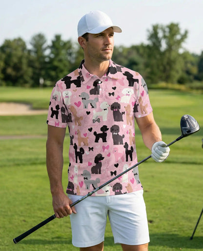 Cute Poodle Dog Lover Polo Shirt for Men - Pink Heart Pattern | Netecom