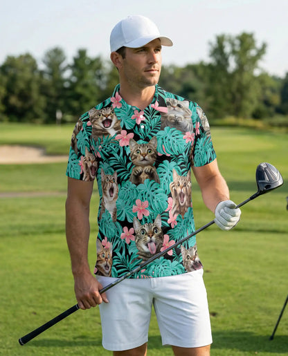 Funny Tropical Cat Polo Shirt for Men- Print Cute Cat | Netecom