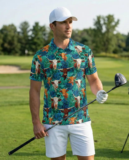 Longhorn Cattle Hawaiian 3D Polo Shirt for Men | Netecom