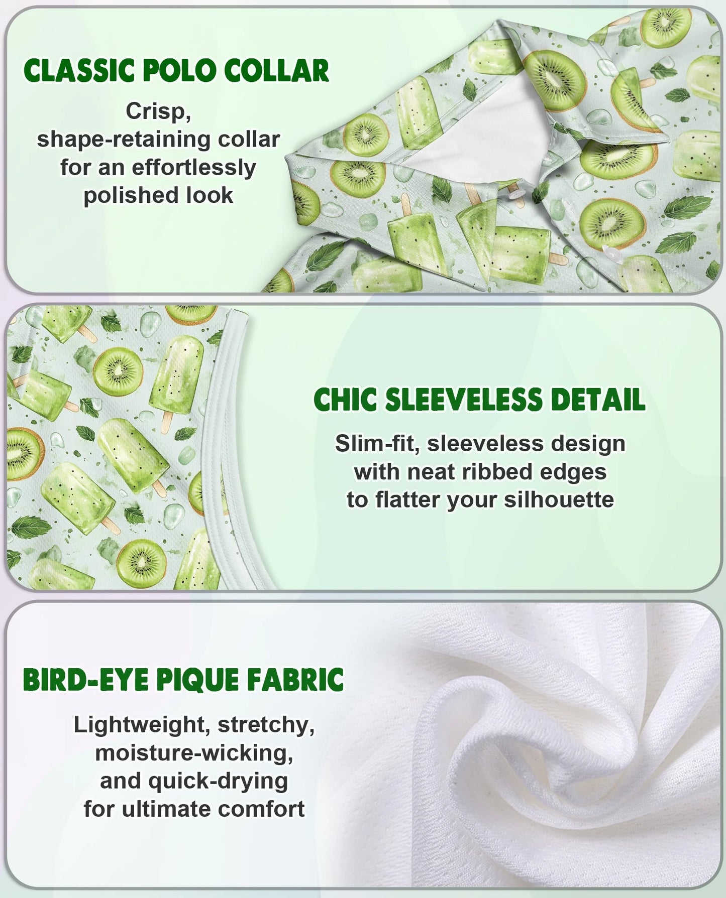 Kiwi Ice Cream Sleeveless Polo Shirt for Women – Cute Fruit Summer Style | Netecom
