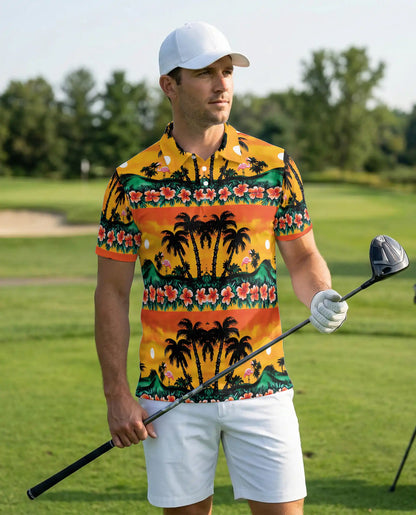 Tropical Sunset Polo Shirt – Palm Tree Flamingo Print | Netecom