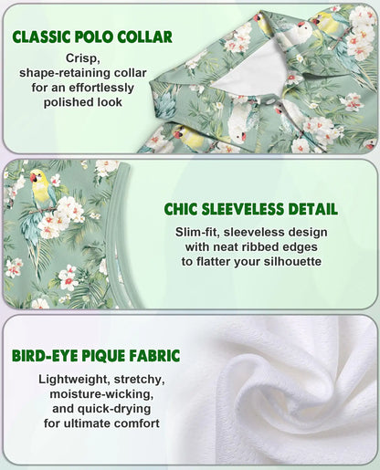 Vintage Tropical Parrot Sleeveless Polo Shirt for Women – Retro Bird Summer Style | Netecom