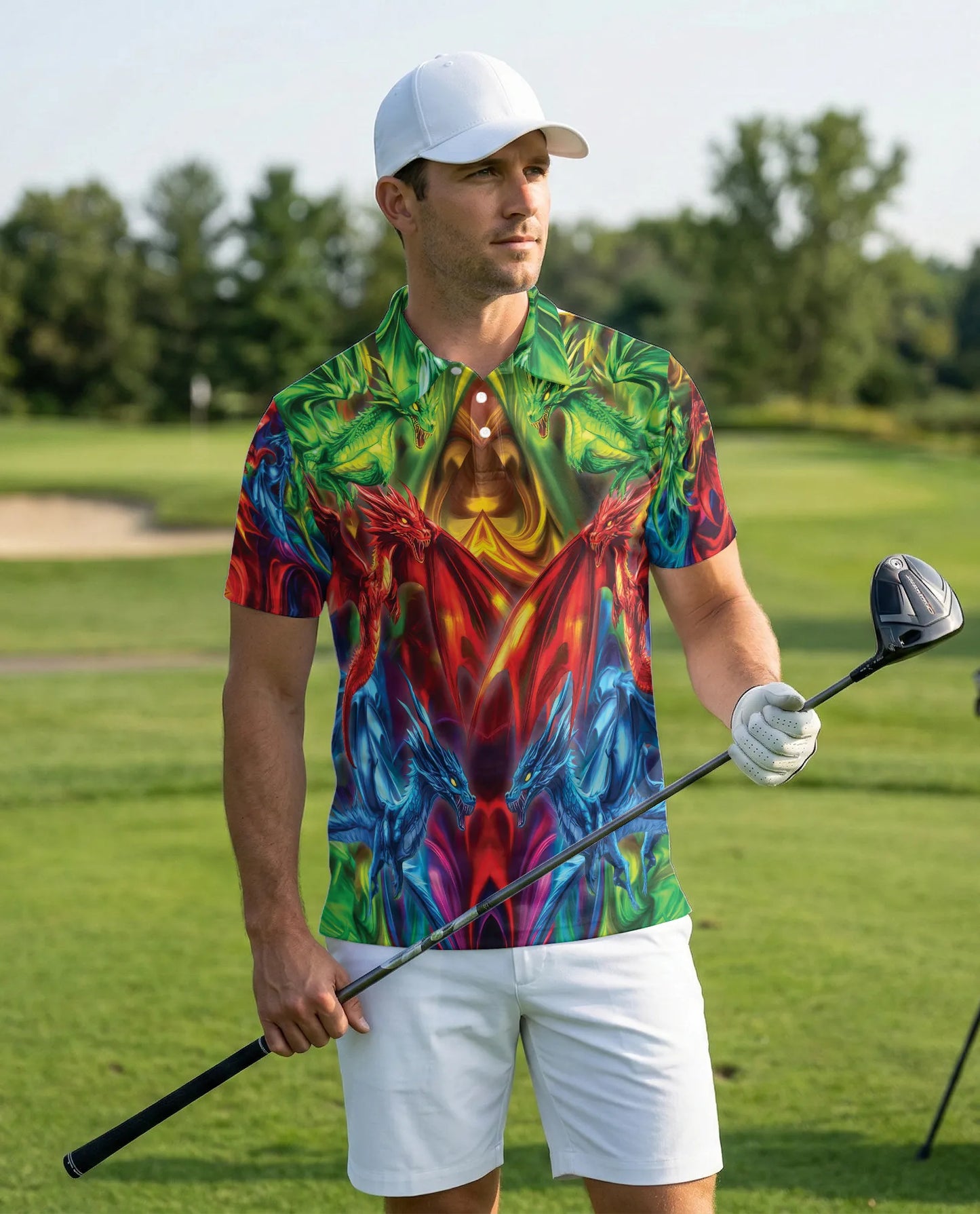 Colorful Dragon 3D Polo Shirt for Men – Fantasy Fire Art Style | Netecom