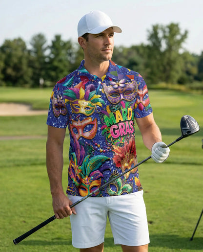 Mardi Gras Carnival Mask Polo Shirt for Men-Colorful Festival Feather Mask | Netecom