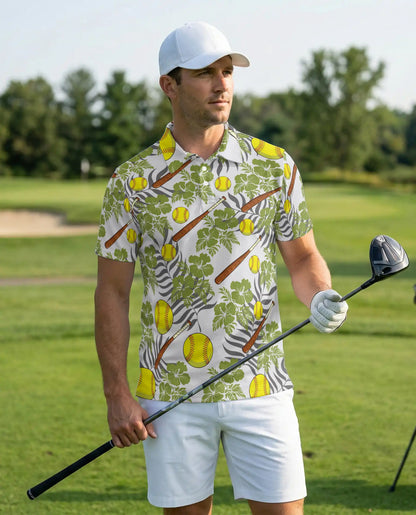 Softball Tropical 3D Polo Shirt for Men – Bat and Ball Summer Style | Netecom