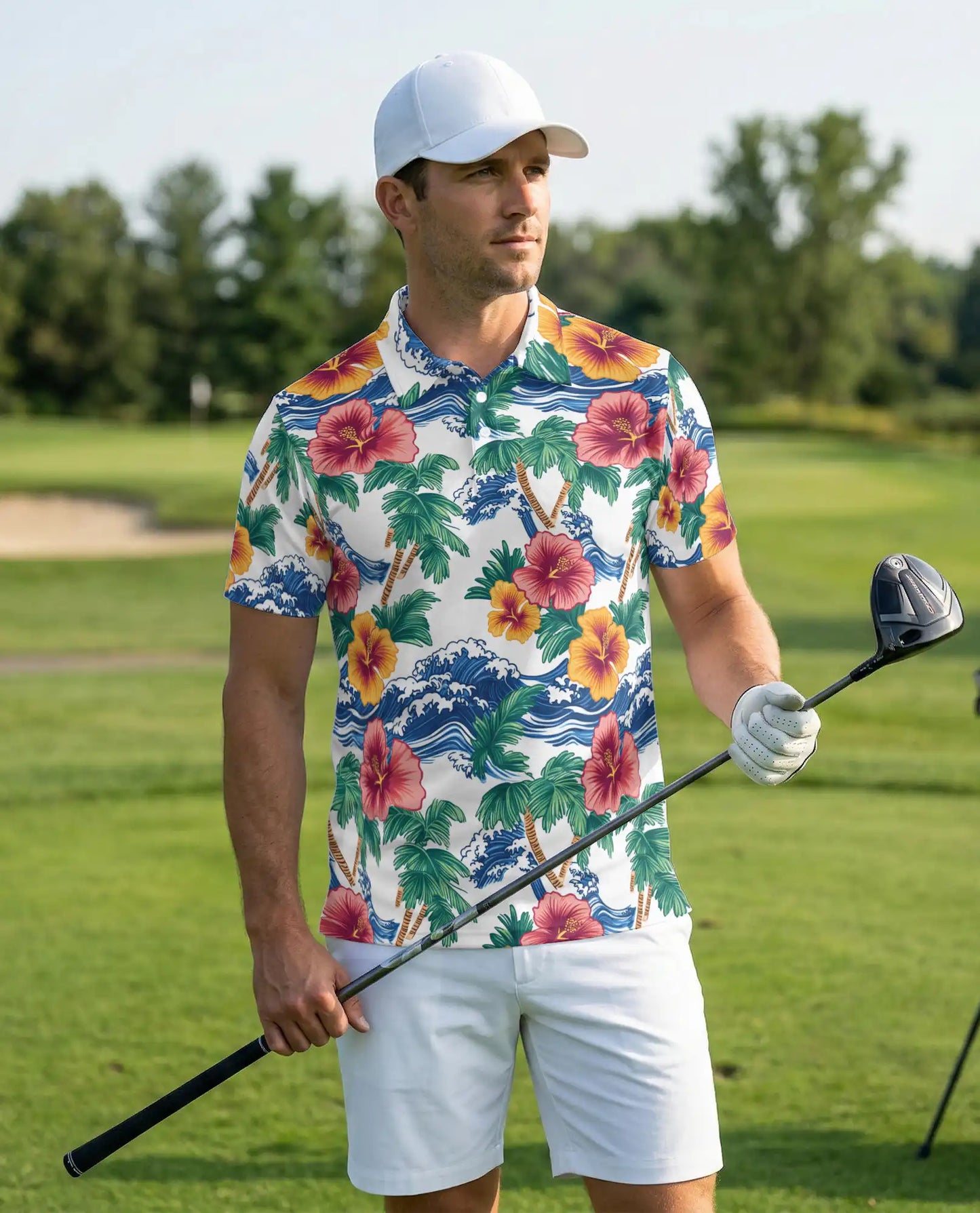 Hawaiian Polo Shirt – Palm Tree Wave Hibiscus Print | Netecom