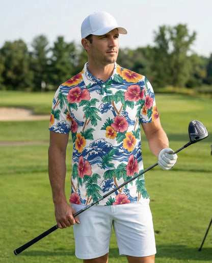 Hawaiian Polo Shirt – Palm Tree Wave Hibiscus Print | Netecom
