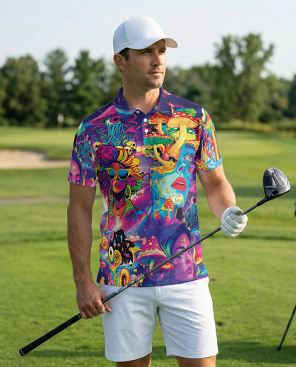 Psychedelic Mushroom Art 3D Polo Shirt for Men – Neon Trippy Fantasy Style | Netecom