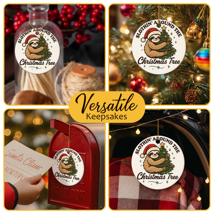 Netecom Funny Sloth in Santa Hat Orrnament, Slothin Around The Christmas Tree Ceramic Ornament for Xmas Tree Hanging Decorations Gift, Sloth Lover Gifts, Holiday Party Present