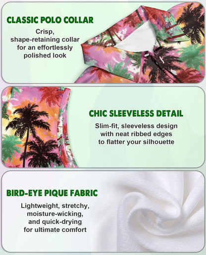 Colorful Sunset Palm Tree Sleeveless Polo Shirt for Women | Netecom