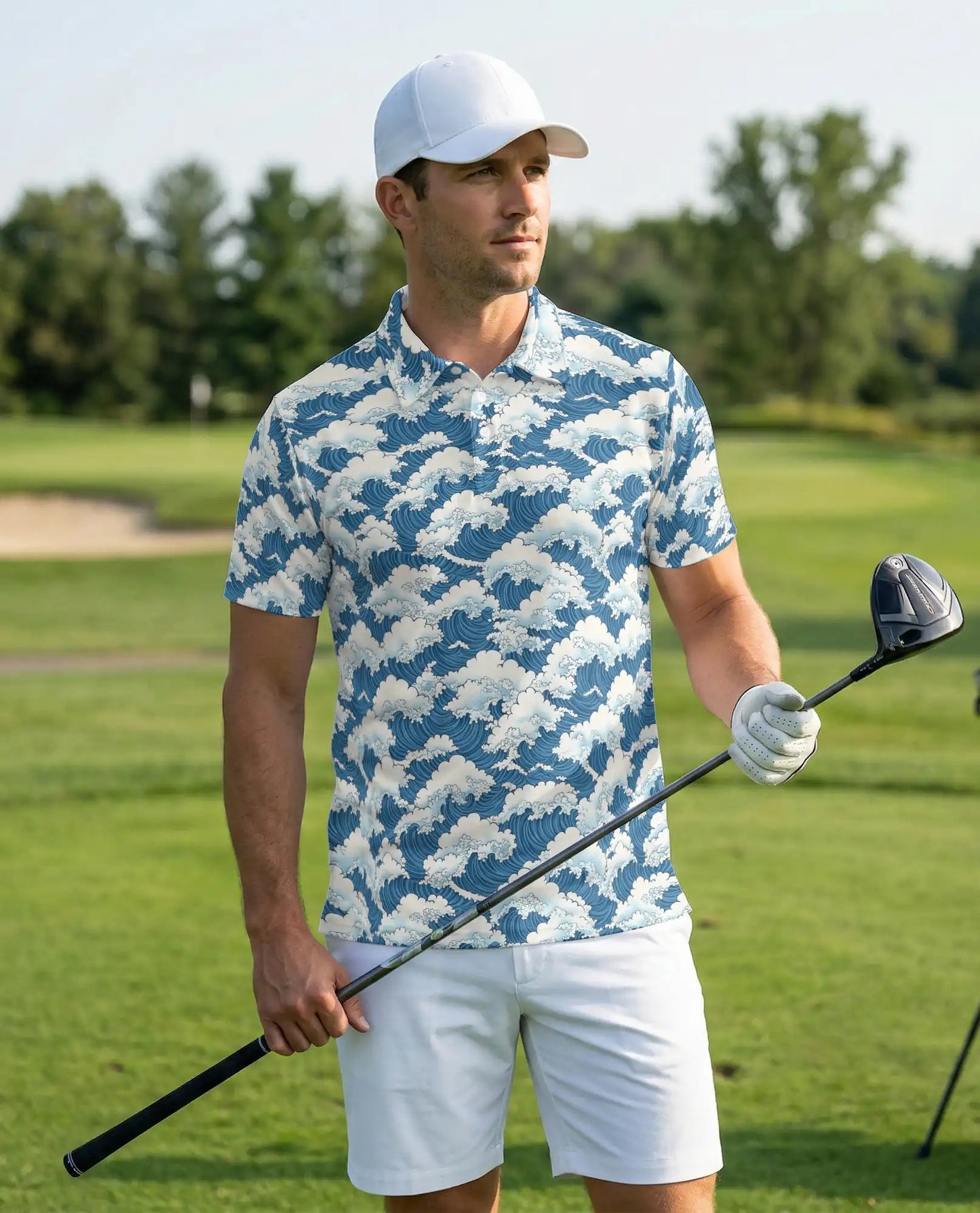 Japanese Ocean Wave 3D Polo Shirt for Men – Coastal Minimalist Art Style | Netecom