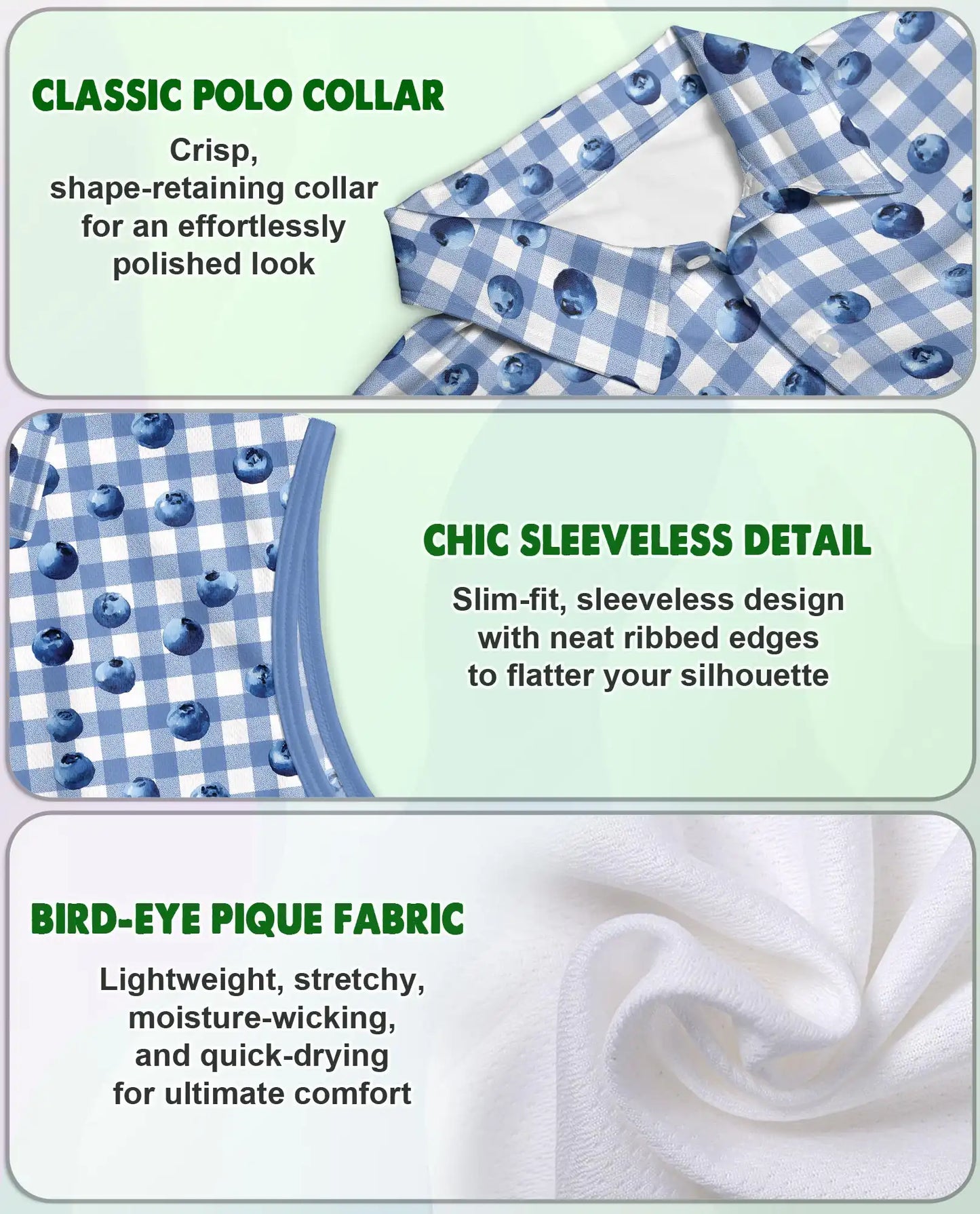 Blueberry Gingham Print Sleeveless Polo Shirt for Women  | Netecom