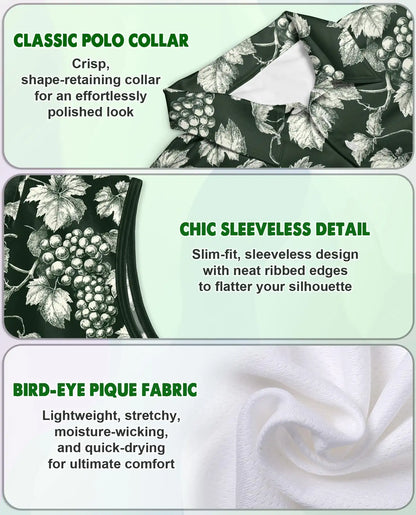 Grape And Vine Sleeveless Polo Shirt for Women – Elegant Botanical Style | Netecom