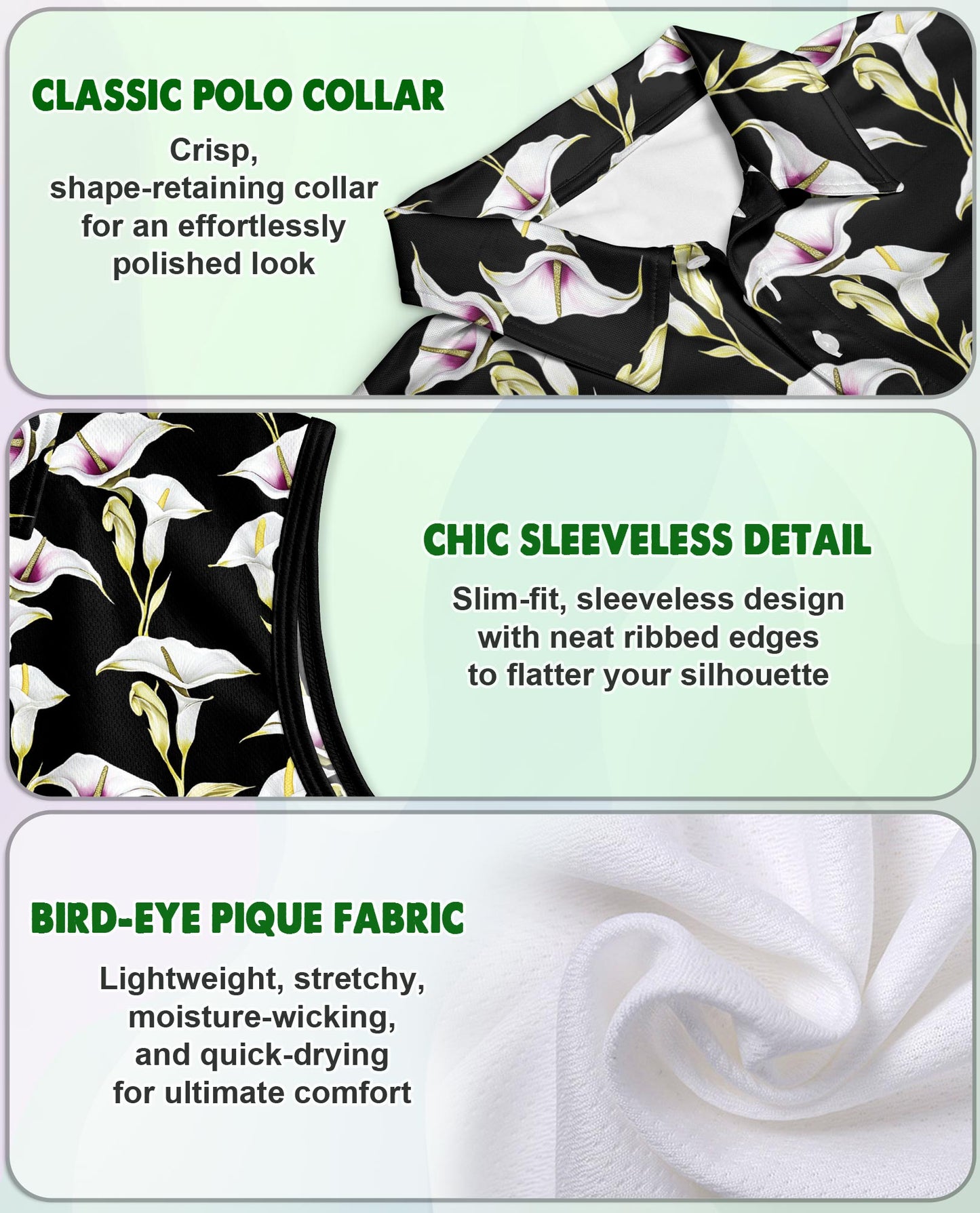 Black Calla Lily Sleeveless Polo Shirt for Women | Netecom