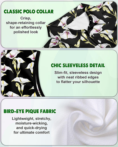 Black Calla Lily Sleeveless Polo Shirt for Women | Netecom
