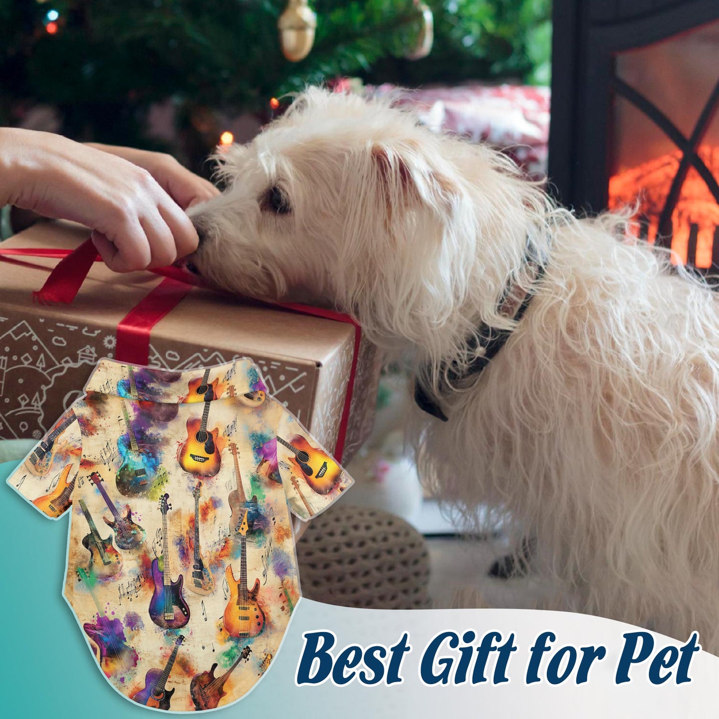 Netecom Matching Vintage Guitar Aloha Hawaiian Shirt for Dog and Owner, Aloha Summer Shirt, Retro Music Guitar Print Outfit for Pet and Human, Beach Vacation Casual Wear