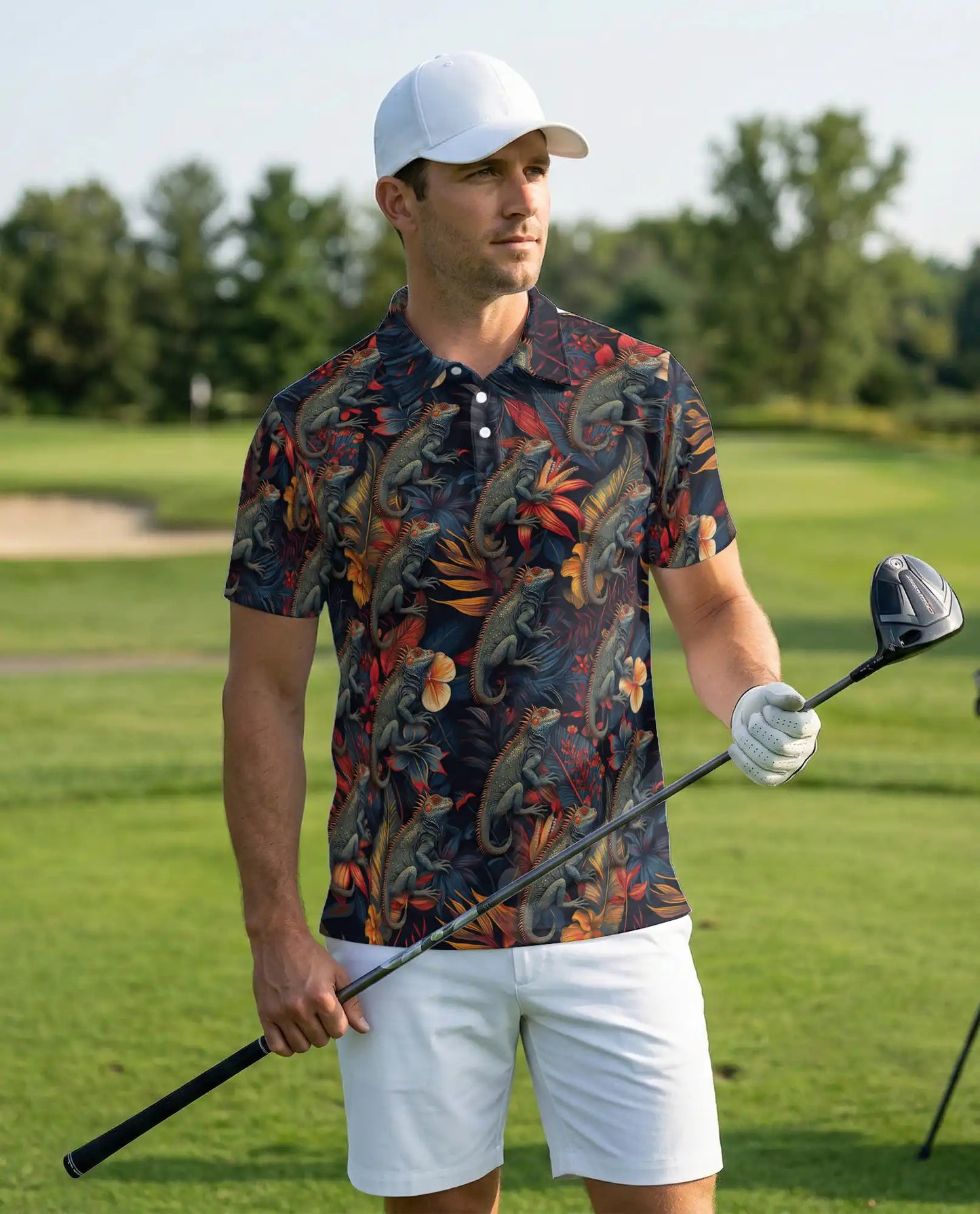 Iguana Tropical 3D Polo Shirt for Men – Reptile Jungle Floral Style | Netecom