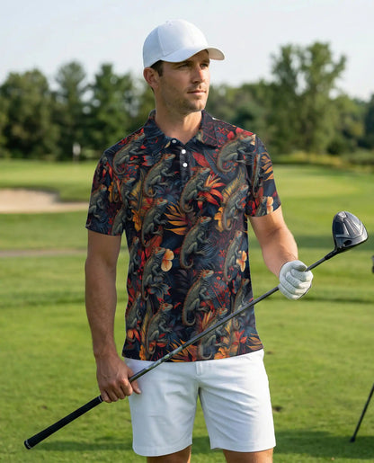 Iguana Tropical 3D Polo Shirt for Men – Reptile Jungle Floral Style | Netecom