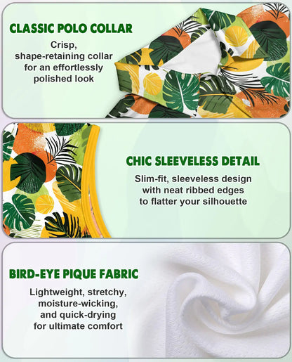 Monstera Leaf Print Sleeveless Polo Shirt for Women – Tropical Botanical Style | Netecom