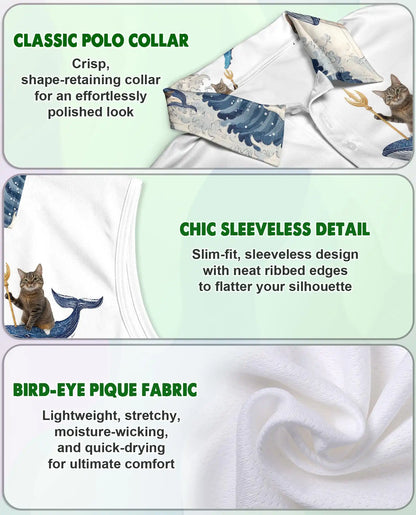 Cat Riding Whale Funny Sleeveless Polo Shirt for Women | Netecom