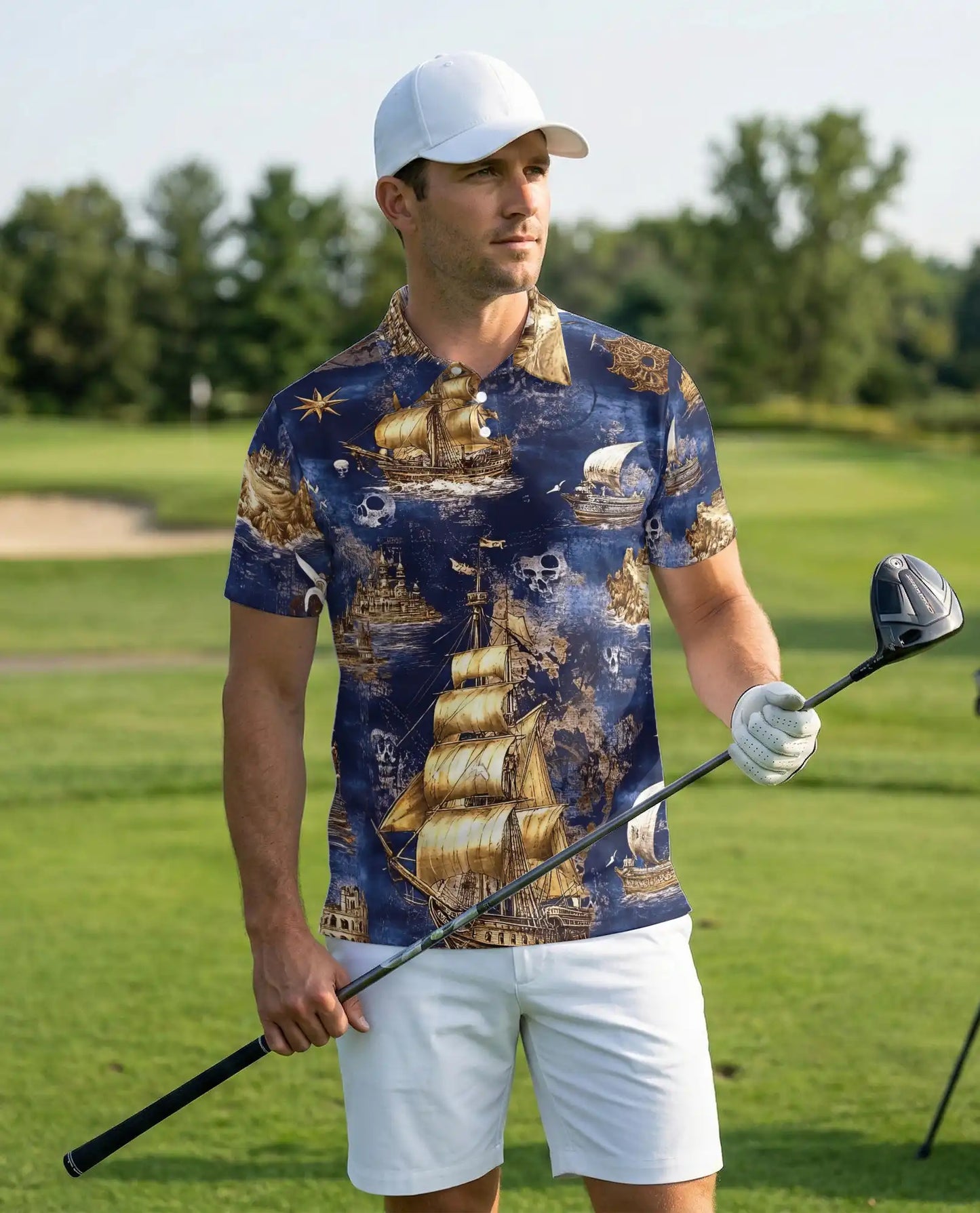 Vintage Pirate Ship 3D Polo Shirt for Men – Nautical Skull Ocean Style | Netecom