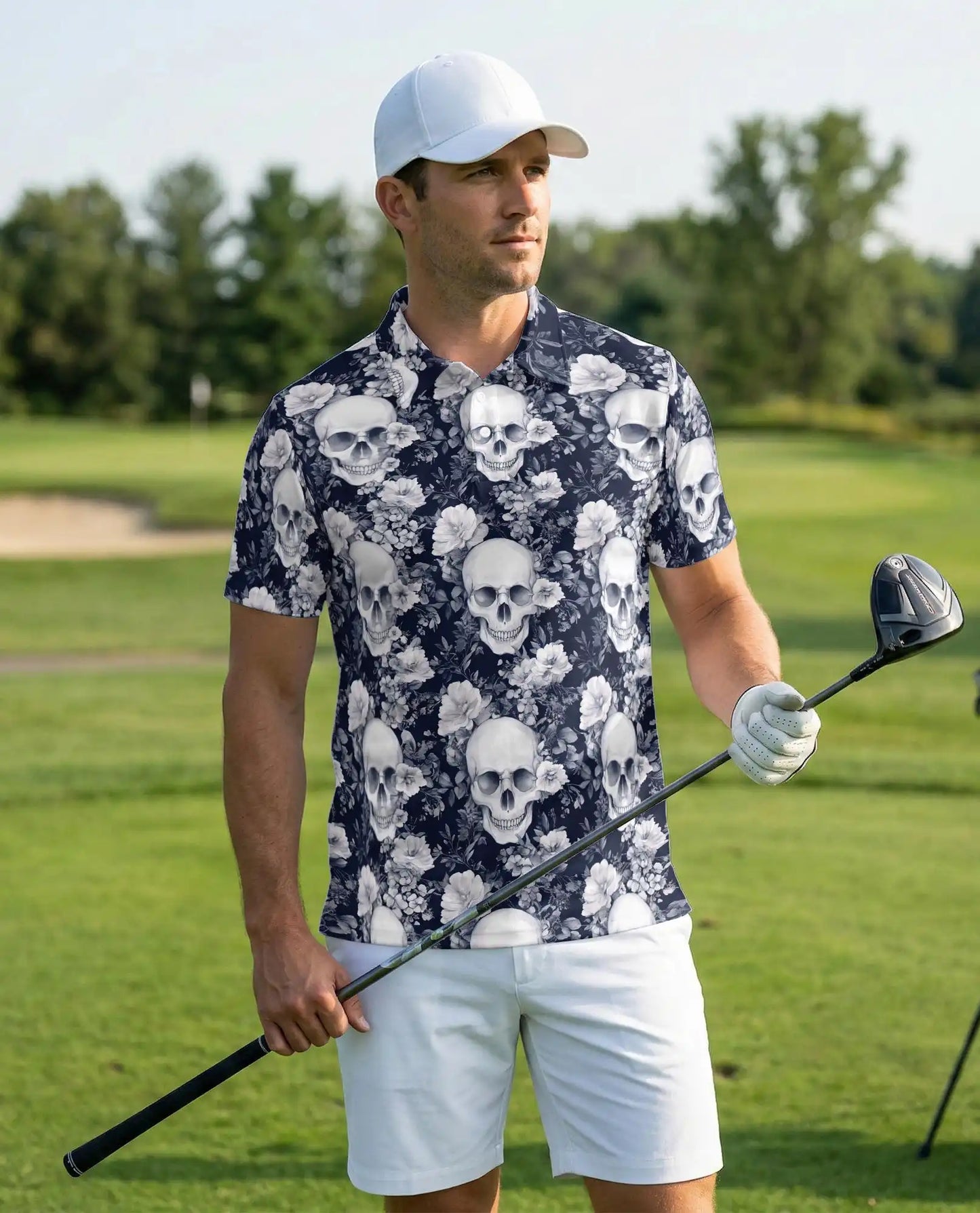 Gothic Skull Floral Hawaiian Polo Shirt | Dark Aesthetic Skull Shirt | Netecom