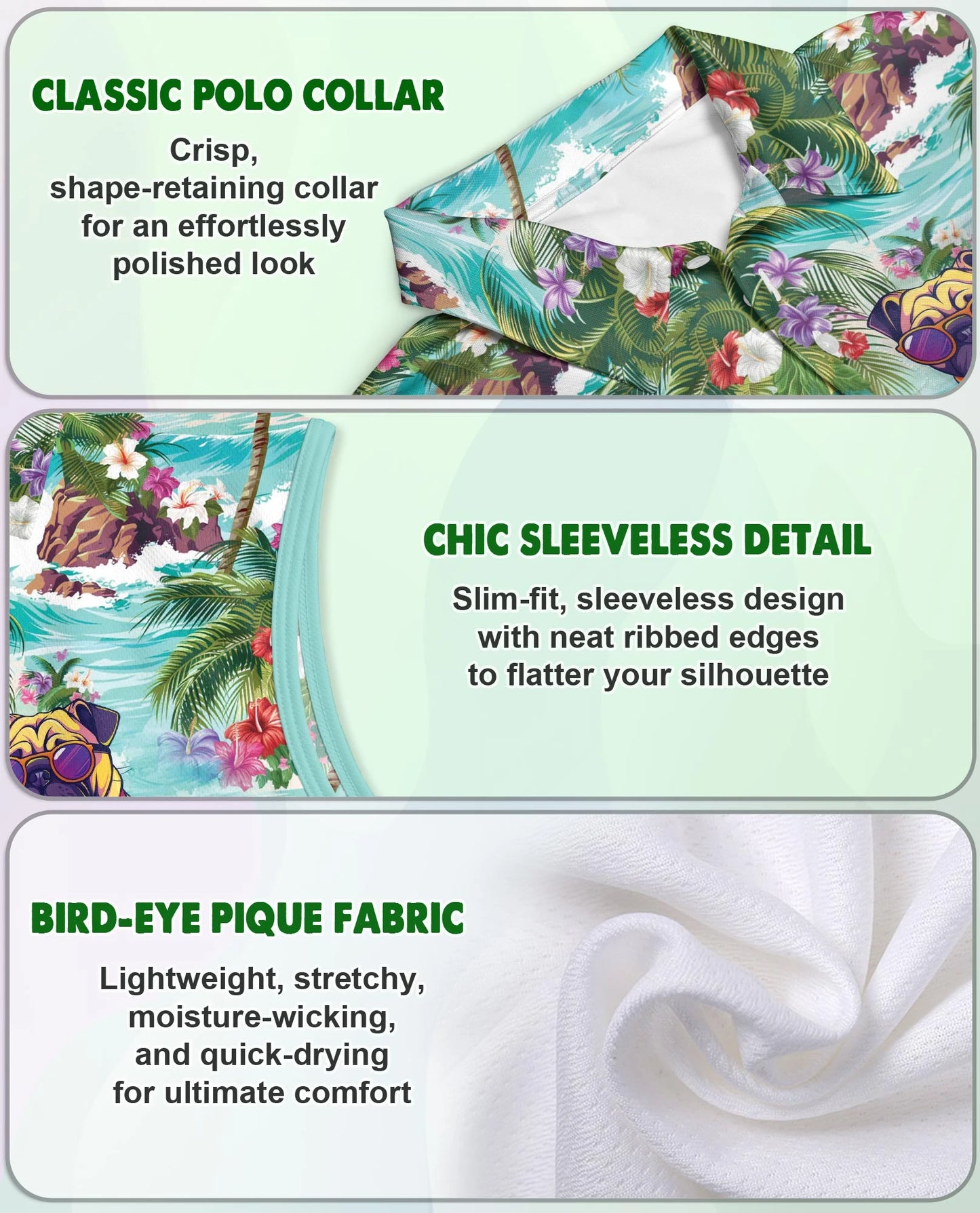 Pug Beach Tropical Sleeveless Polo Shirt for Women – Cute Dog Summer Style | Netecom