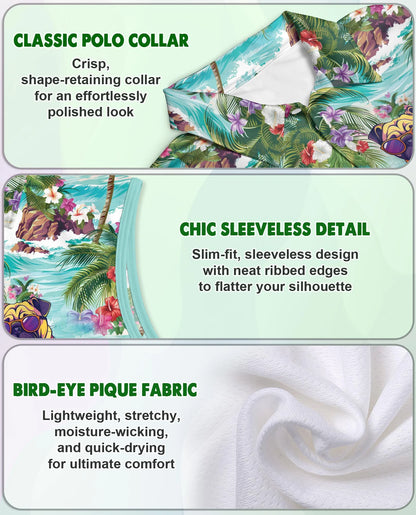 Pug Beach Tropical Sleeveless Polo Shirt for Women – Cute Dog Summer Style | Netecom