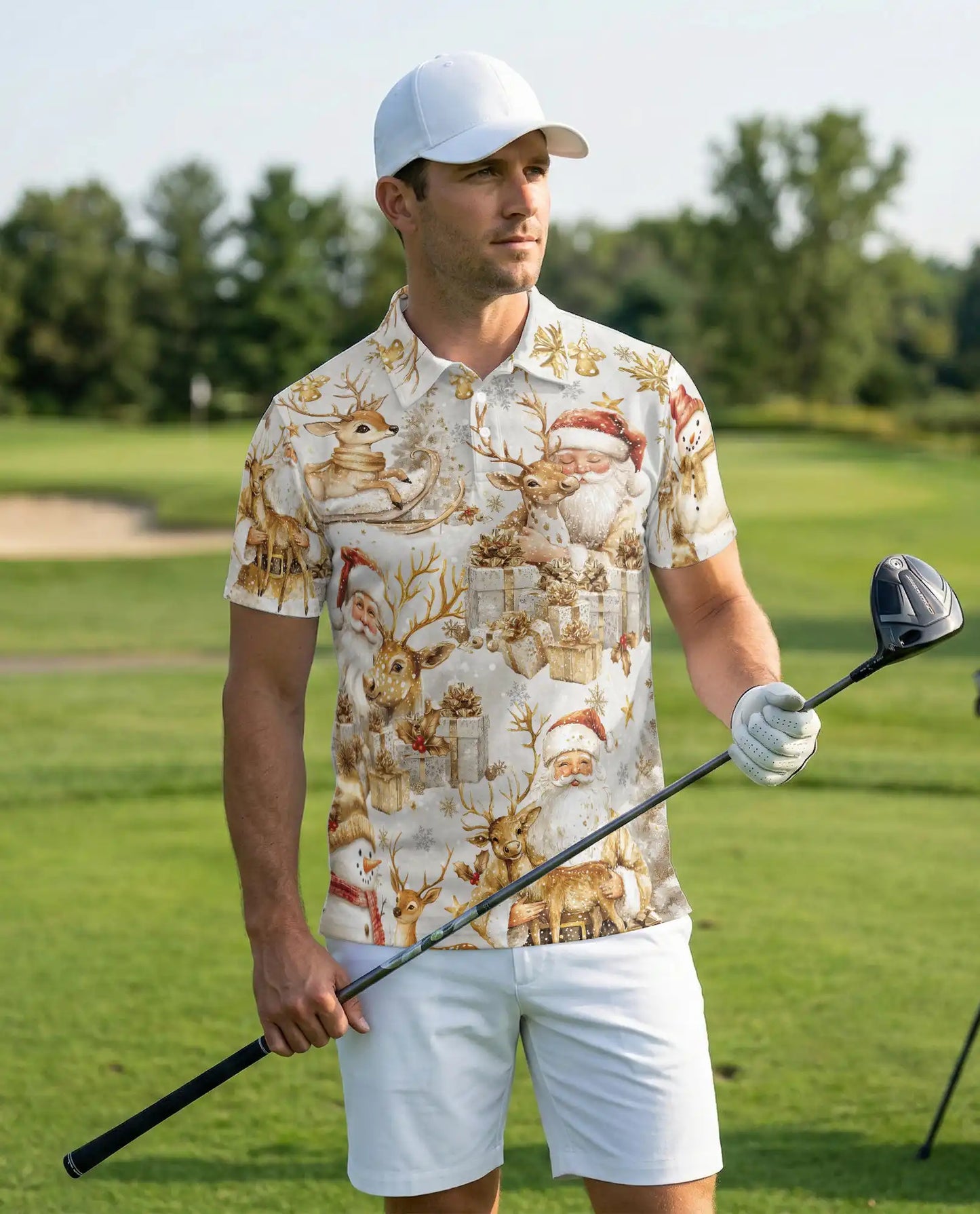 Elegant Santa Reindeer 3D Polo Shirt for Men – Luxury Christmas Holiday Style | Netecom