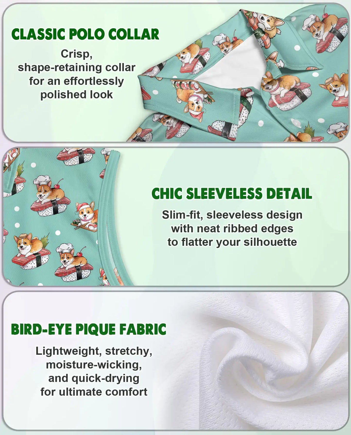 Corgi Sushi Print Sleeveless Polo Shirt for Women – Cute Dog Food Lover Style | Netecom