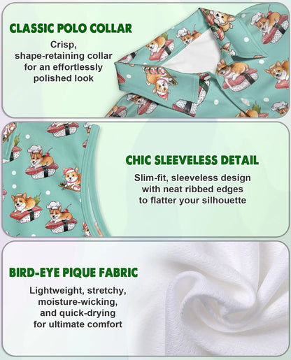Corgi Sushi Print Sleeveless Polo Shirt for Women – Cute Dog Food Lover Style | Netecom