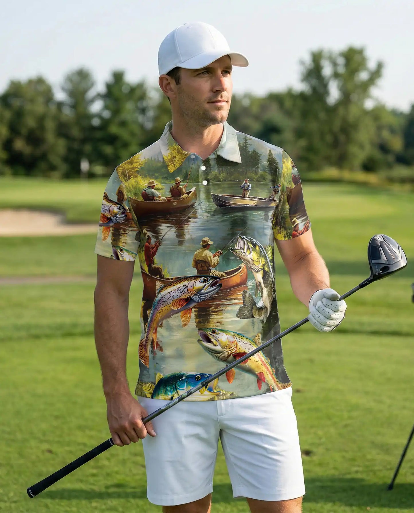 Lake Fishing Adventure 3D Polo Shirt for Men – Outdoor Angler Nature Style | Netecom