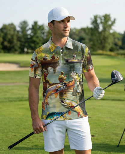 Lake Fishing Adventure 3D Polo Shirt for Men – Outdoor Angler Nature Style | Netecom