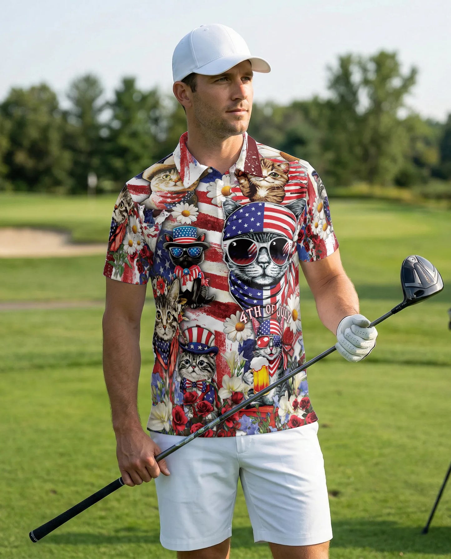 Patriotic Cat 3D Polo Shirt for Men – 4th of July USA Flag Style | Netecom