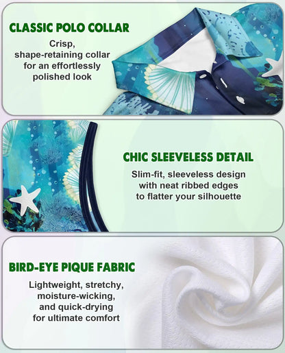 Coral Reef Turtle Pattern Sleeveless Polo Shirt for Women | Netecom