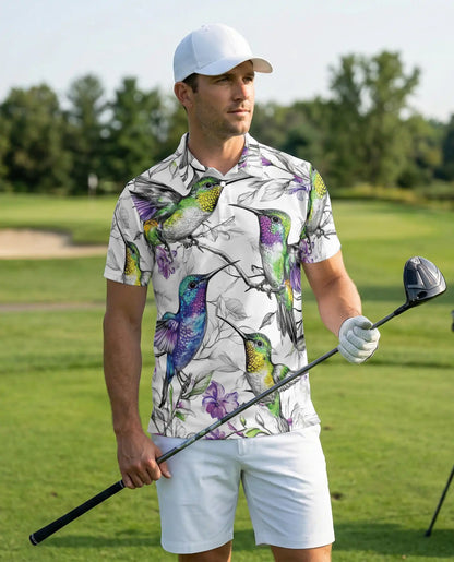 Colorful Hummingbird Floral 3D Polo Shirt for Men – Tropical Bird Nature Style | Netecom